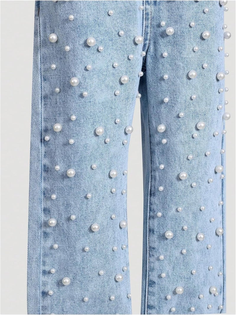 WDIRARA Toddler Girl's Pearls Jeans Elastic Waist Straight Leg Denim Pants - Image 4